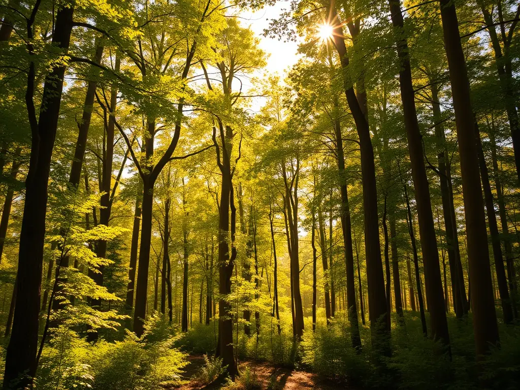 A scenic image of a lush forest with wildlife such as deer and birds, illustrating healthy ecosystems maintained through our conservation efforts.